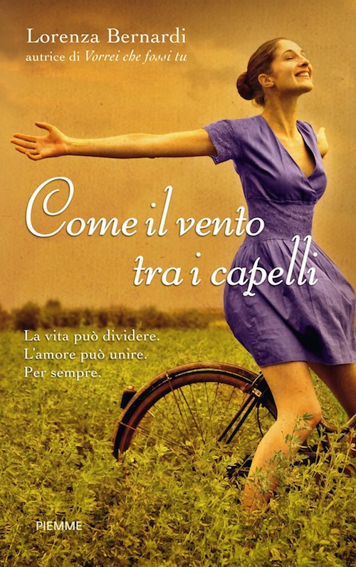 Copertina del libro che mostra una ragazza con un vestito viola in bicliciletta  con le braccia aperte